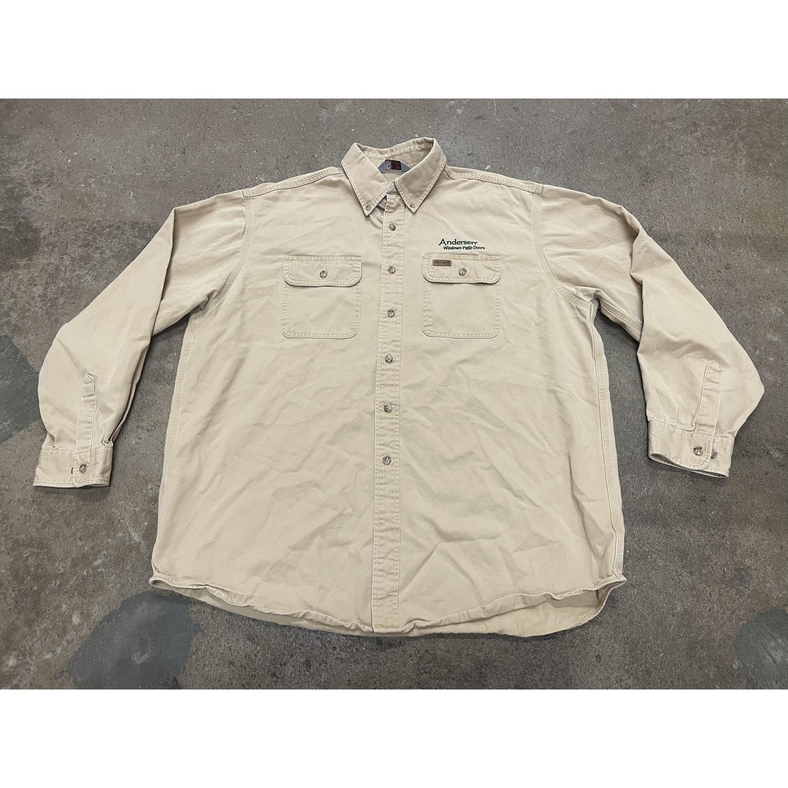 Carhartt Shirt Mens Xl Beige Twill Button Down Workwear Andersen Windows Logo